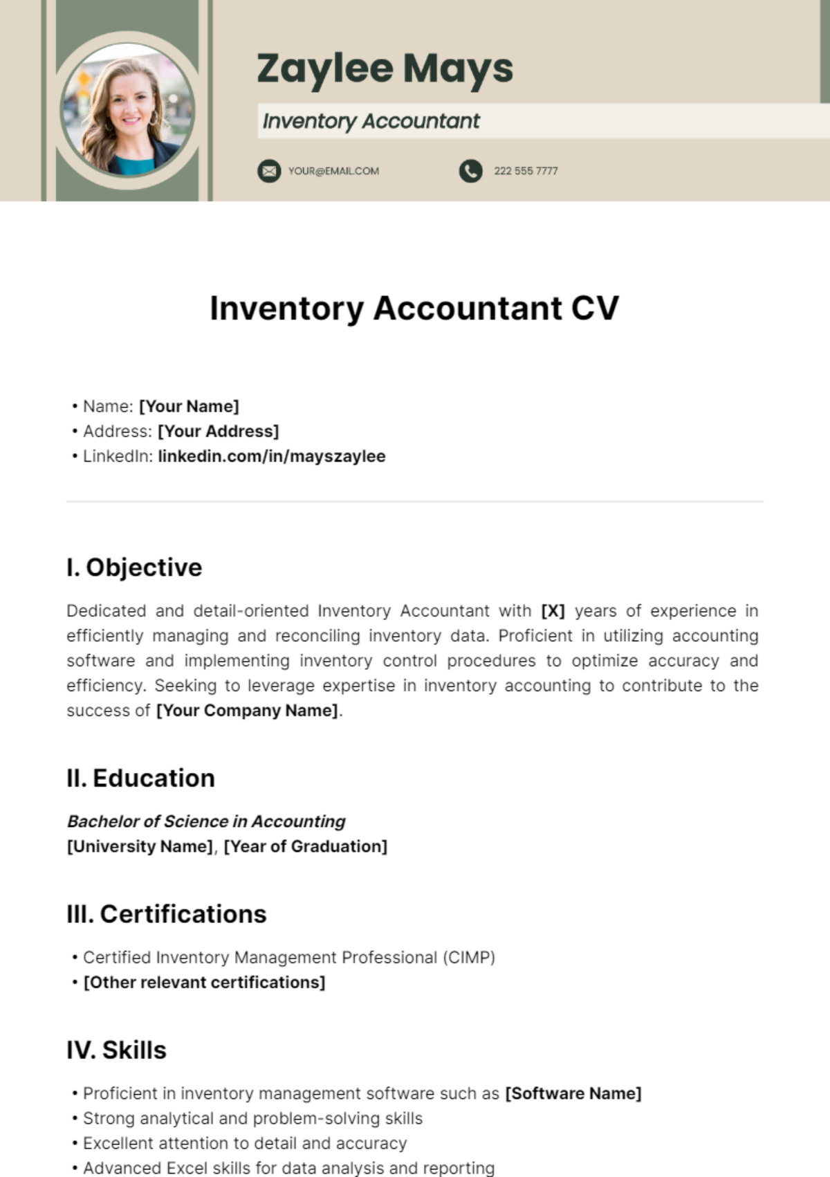 Inventory Accountant CV Template - Edit Online & Download