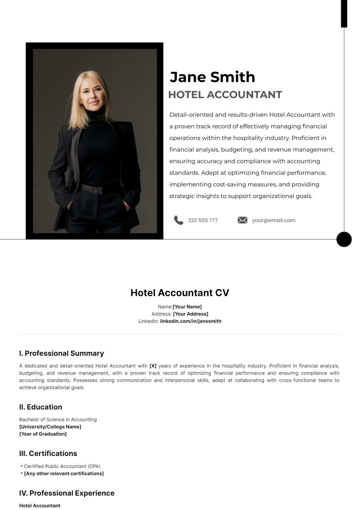 Hotel Accountant CV Template - Edit Online & Download