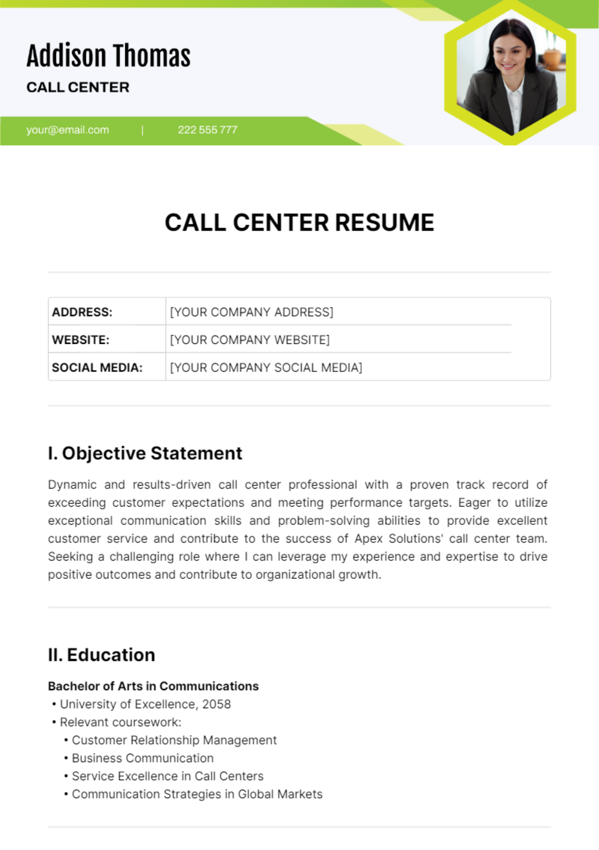 Call Center Resume Template