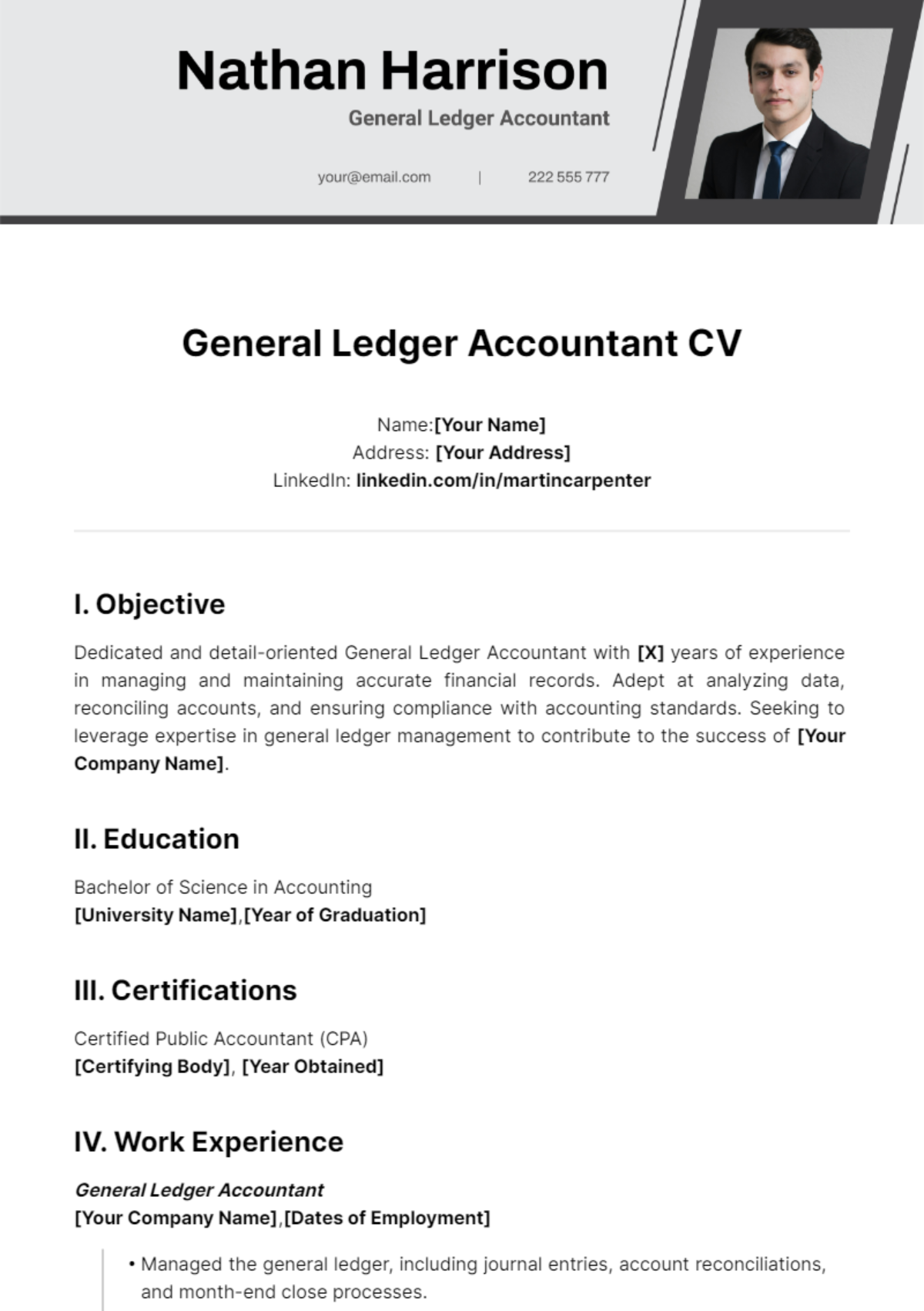 General Ledger Accountant CV Template - Edit Online & Download