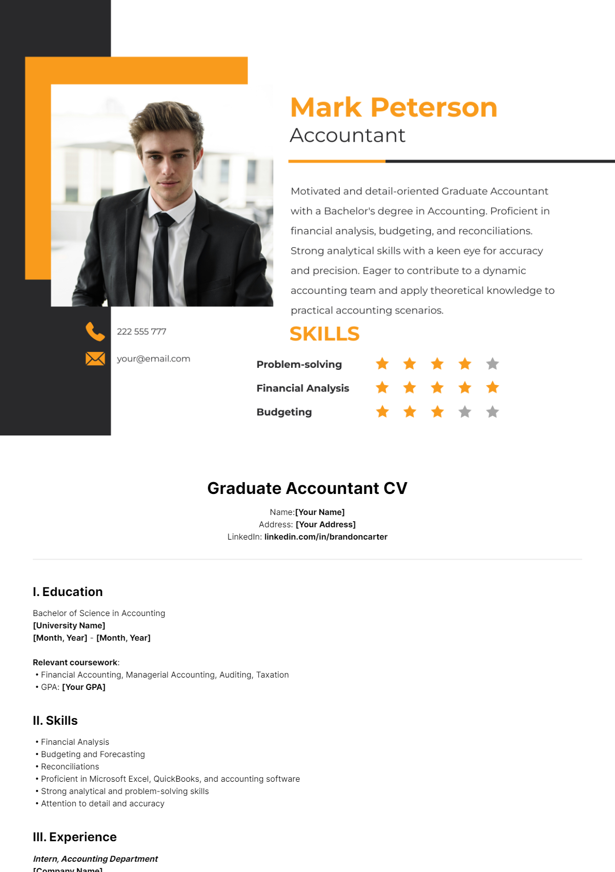 Graduate Accountant CV Template - Edit Online & Download