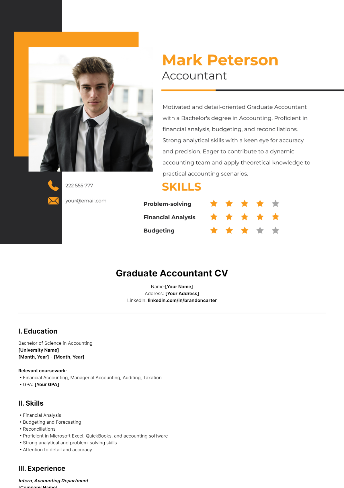 Free Graduate Accountant CV Template To Edit Online