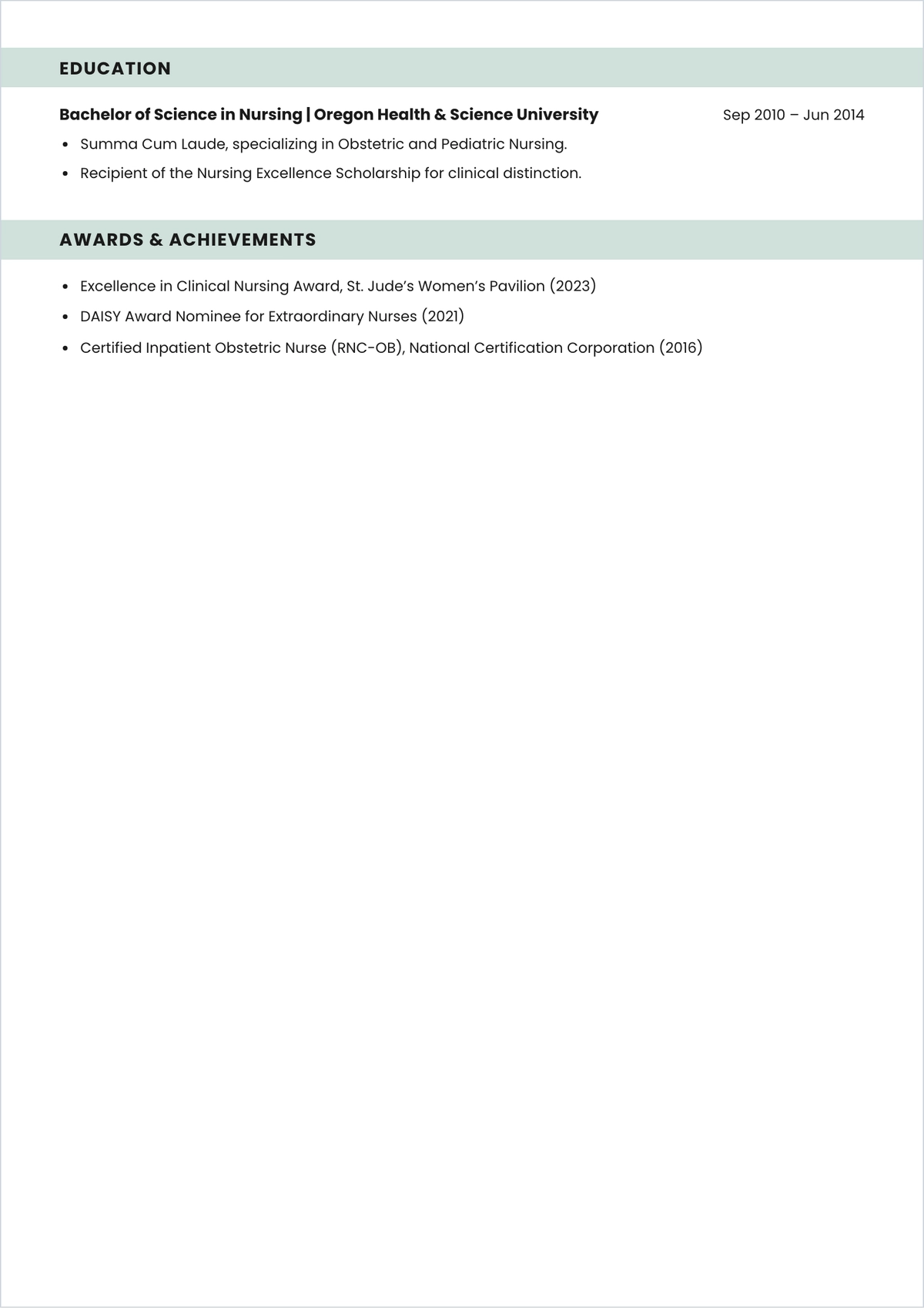 Free Maternity Nurse ATS CV Template, AI CV Builder