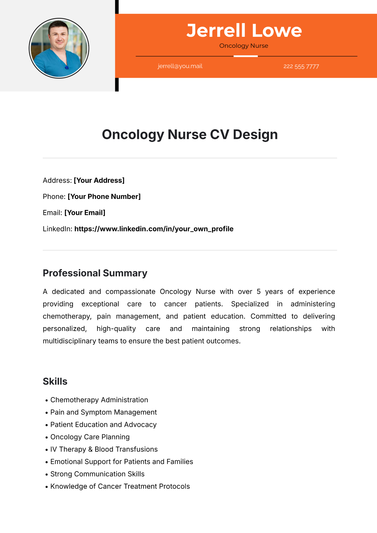 Oncology Nurse CV Design Template - Edit Online & Download