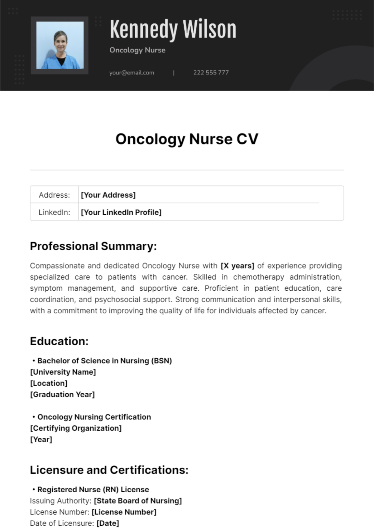 Free Oncology Nurse CV Template