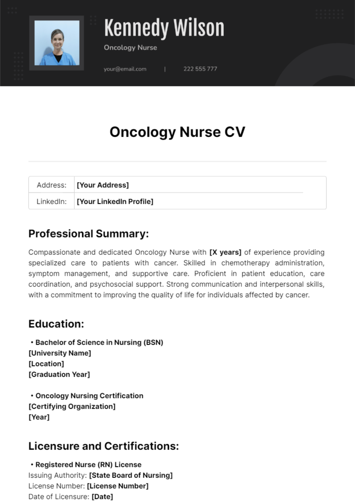 Oncology Nurse CV Template - Edit Online & Download