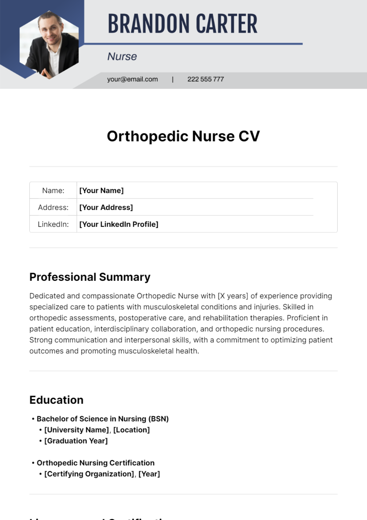 Orthopedic Nurse CV Template - Edit Online & Download Example ...