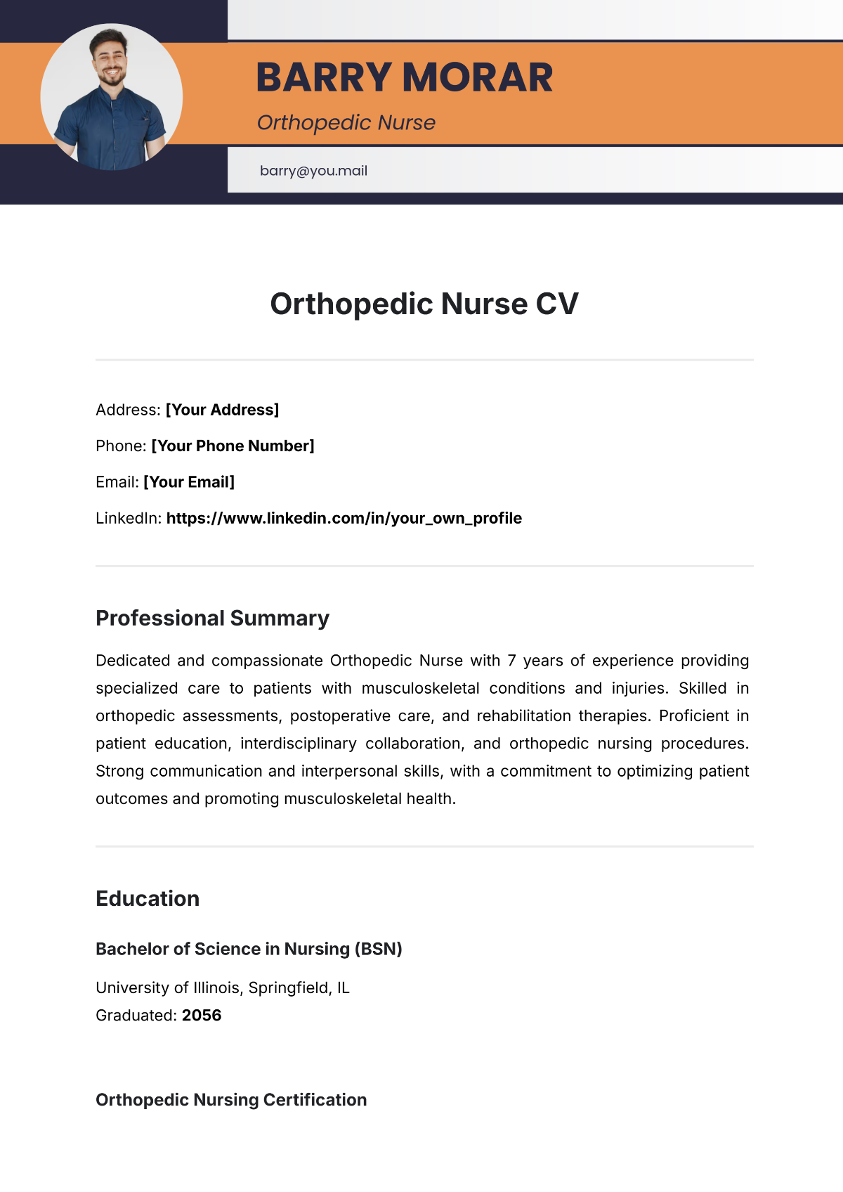 Orthopedic Nurse CV Template - Edit Online & Download