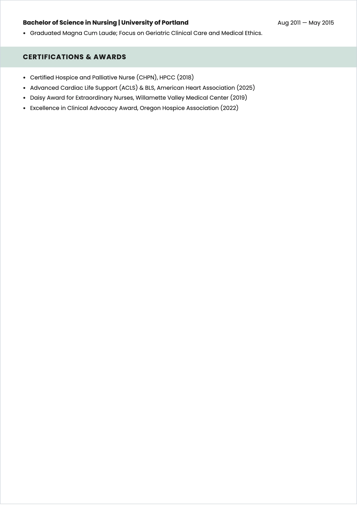 Free Hospice Nurse ATS CV Template, AI CV Builder