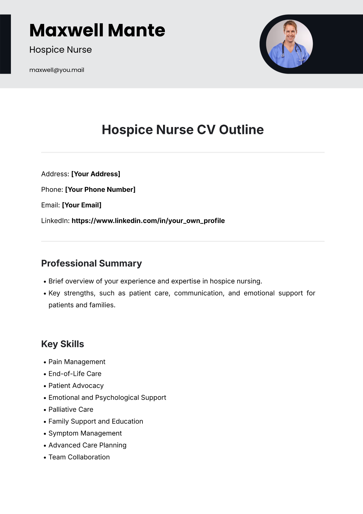 Hospice Nurse CV Outline Template - Edit Online & Download