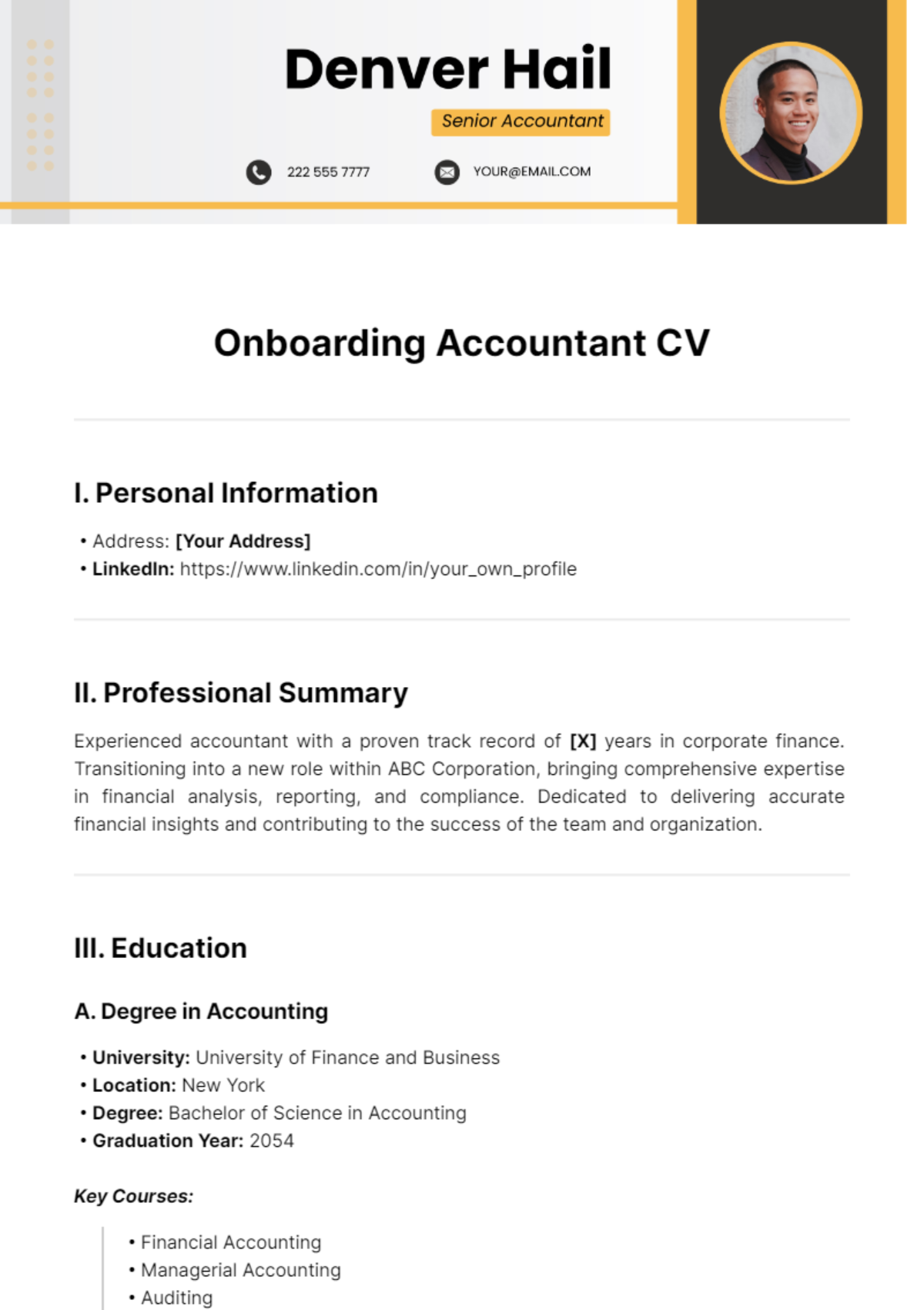 Onboarding Accountant CV Template - Edit Online & Download