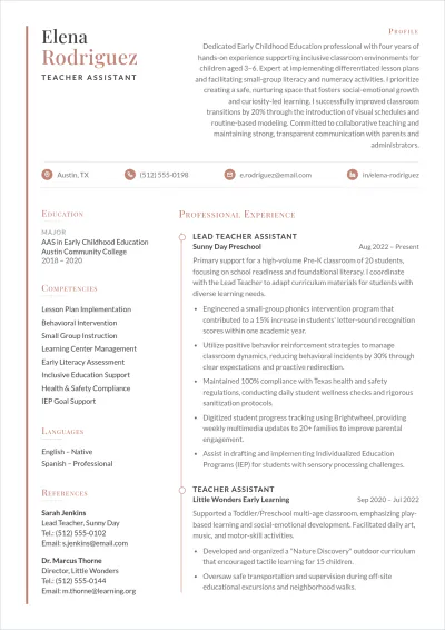 Free Teacher Assistant ATS Resume Template, AI Resume Builder