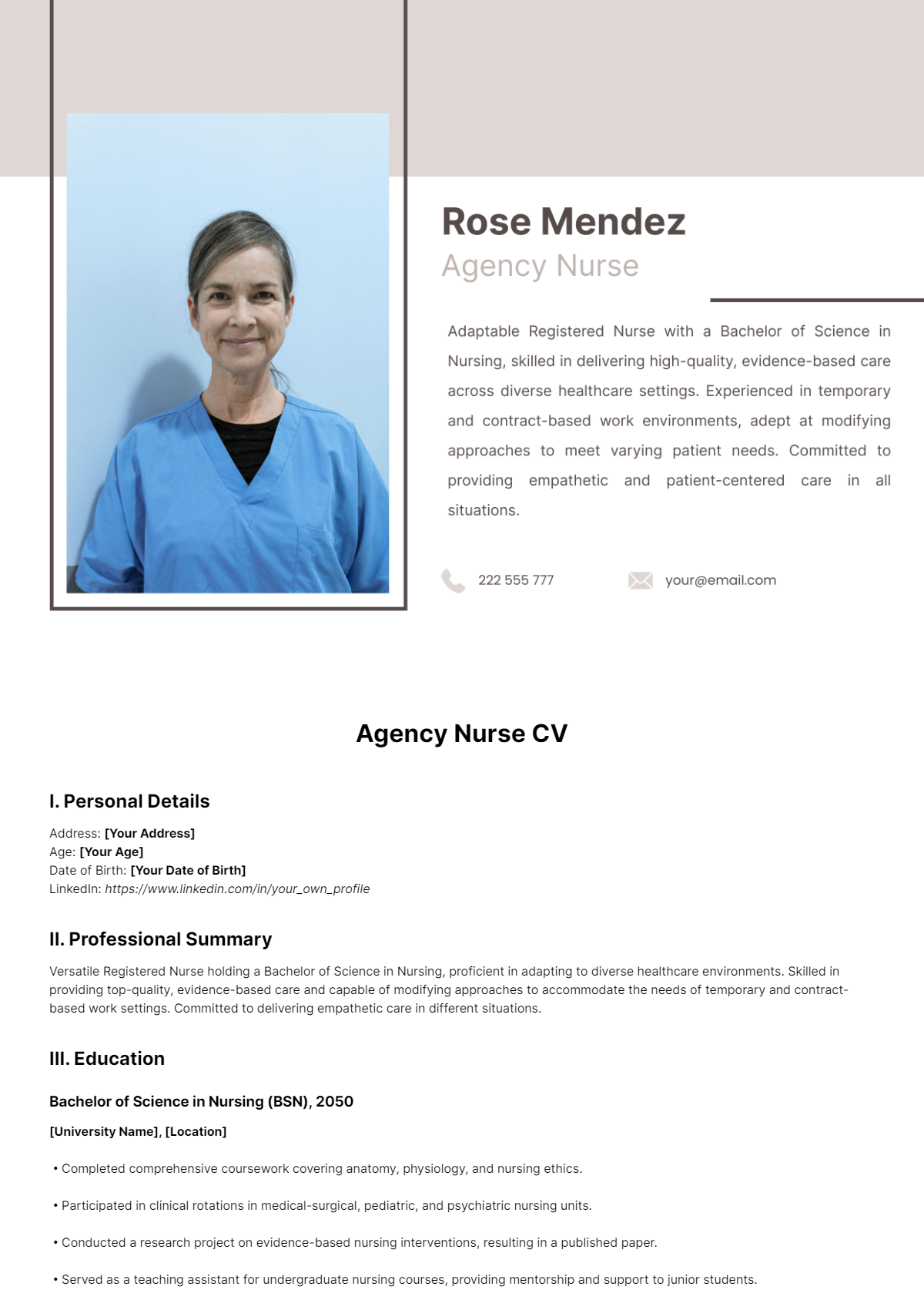 Free Agency Nurse CV Template