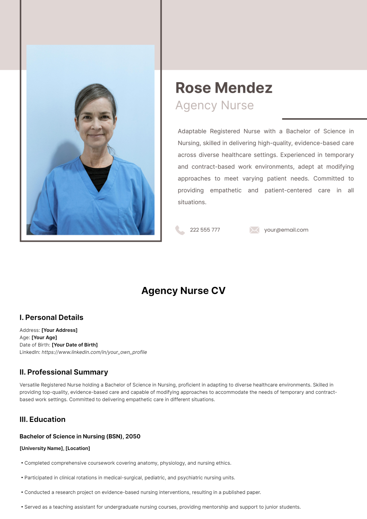 Agency Nurse CV Template - Edit Online & Download