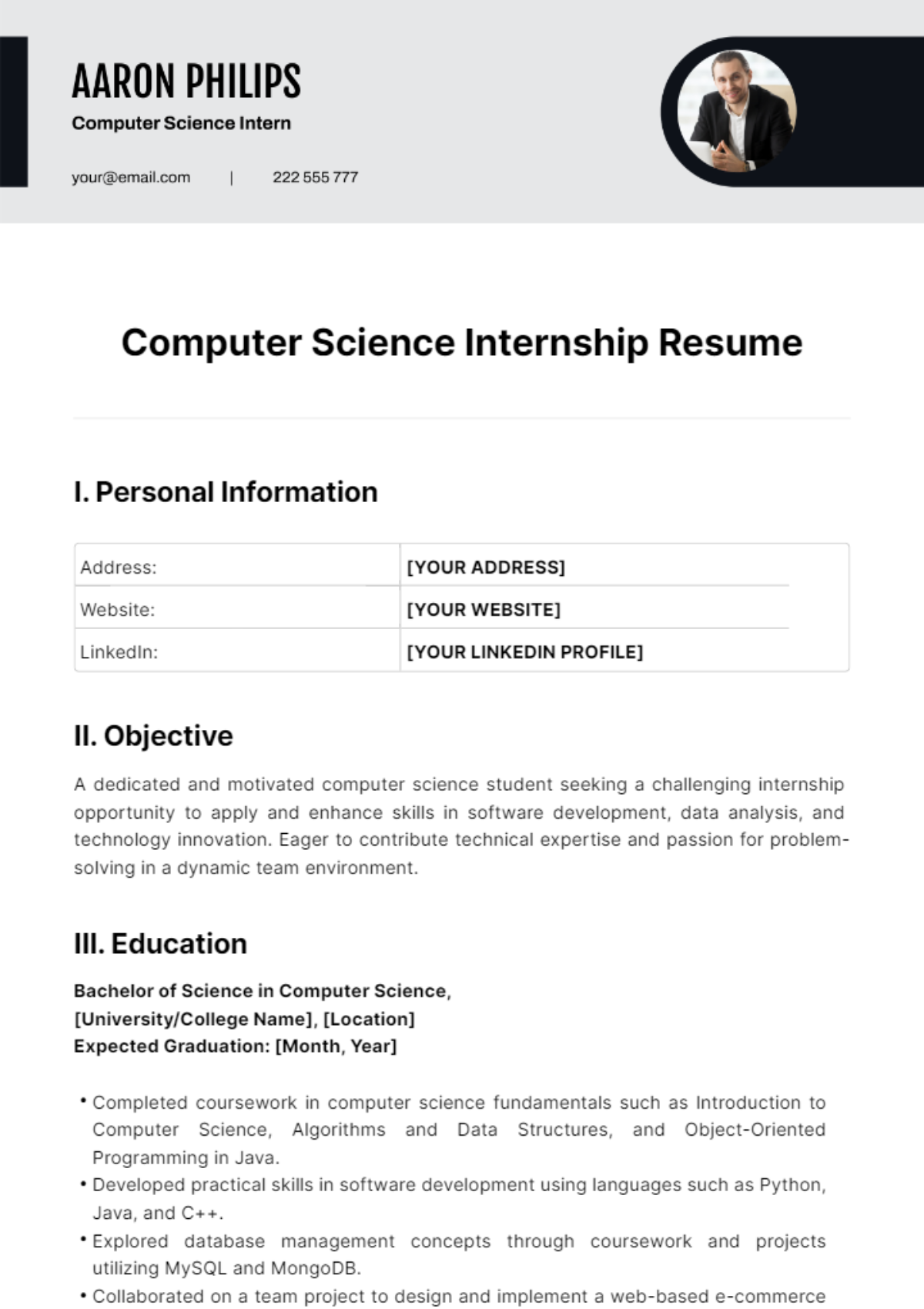 Computer Science Internship Resume Template