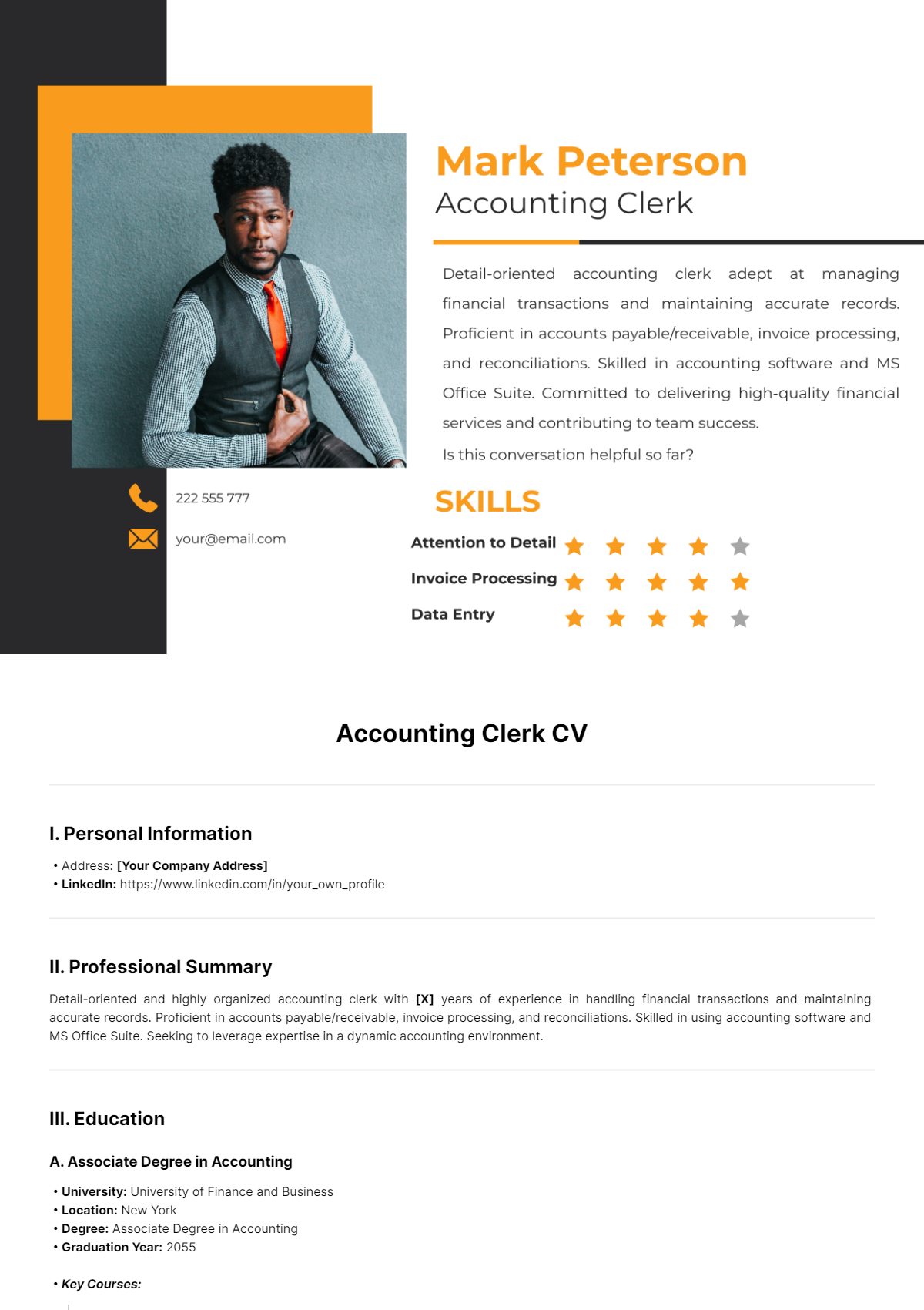 Accounting Clerk CV Template - Edit Online & Download