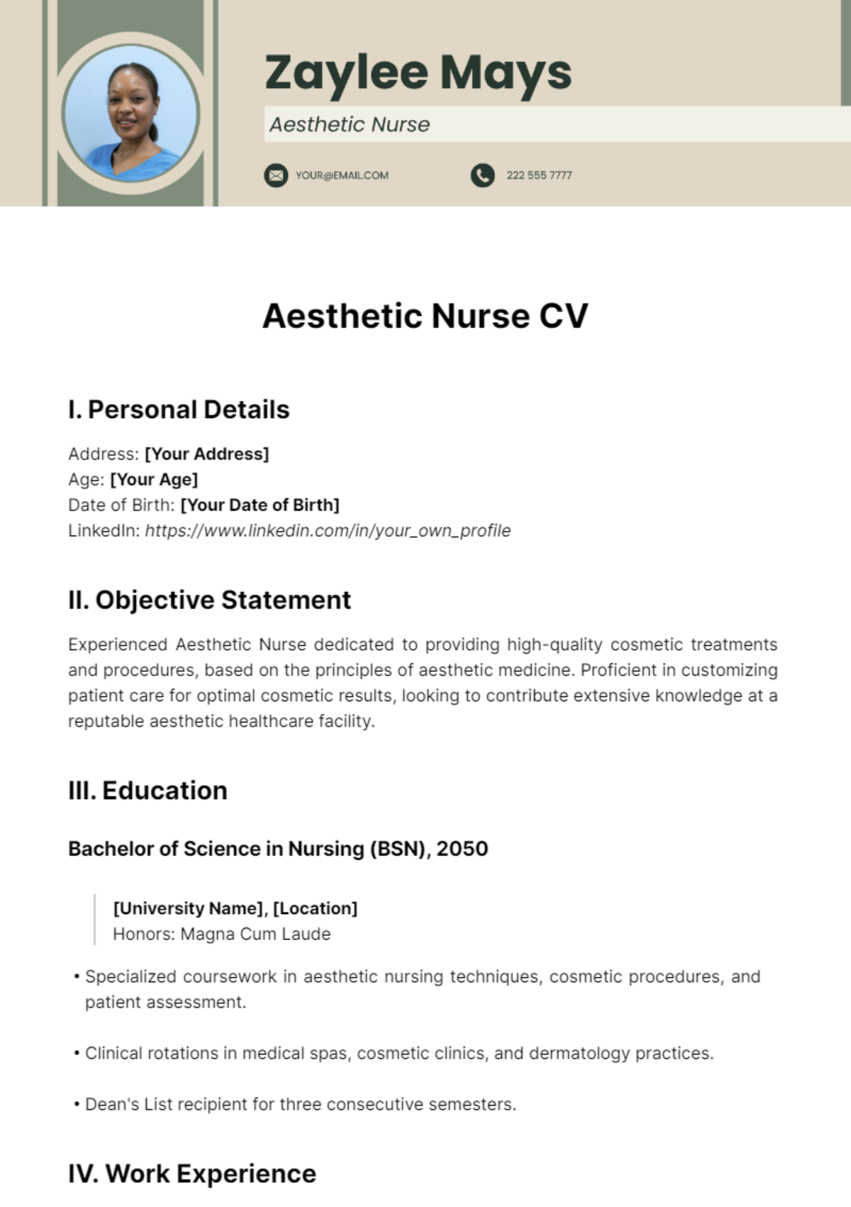 Free Aesthetic Nurse CV Template