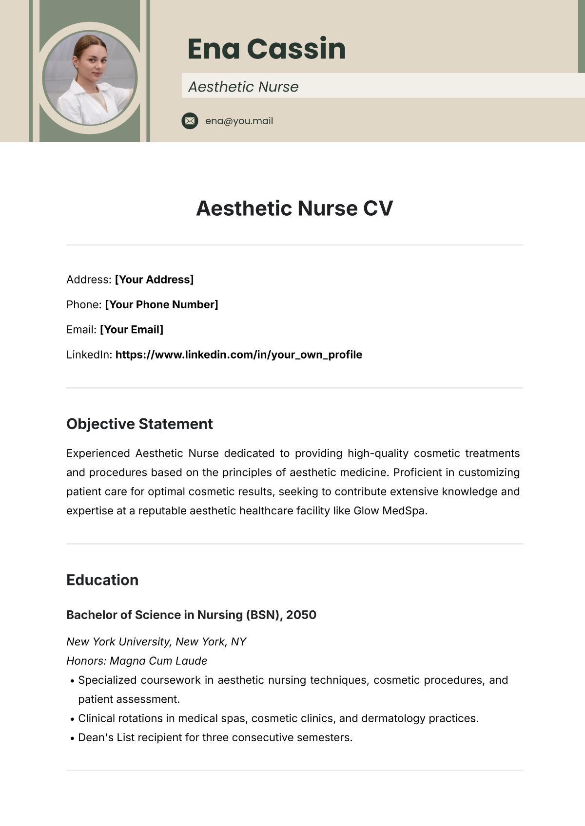 Aesthetic Nurse CV Template - Edit Online & Download