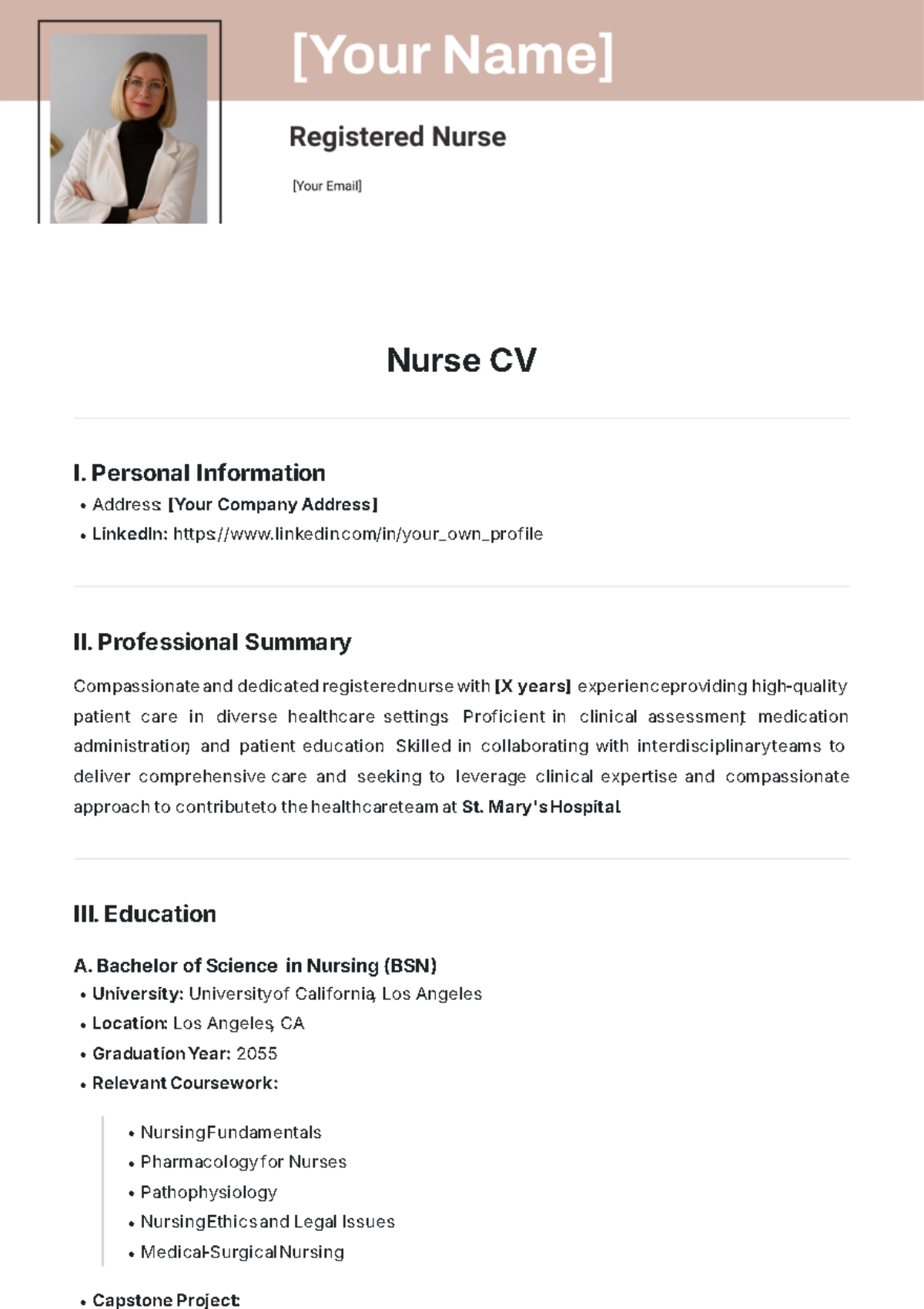 Free Nurse CV Template to Edit Online