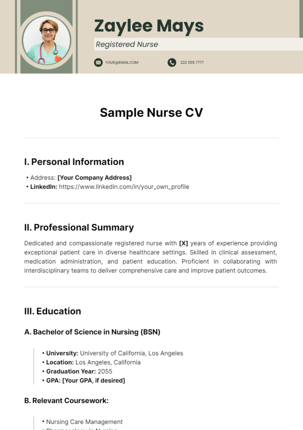 Free Sample Nurse CV Template
