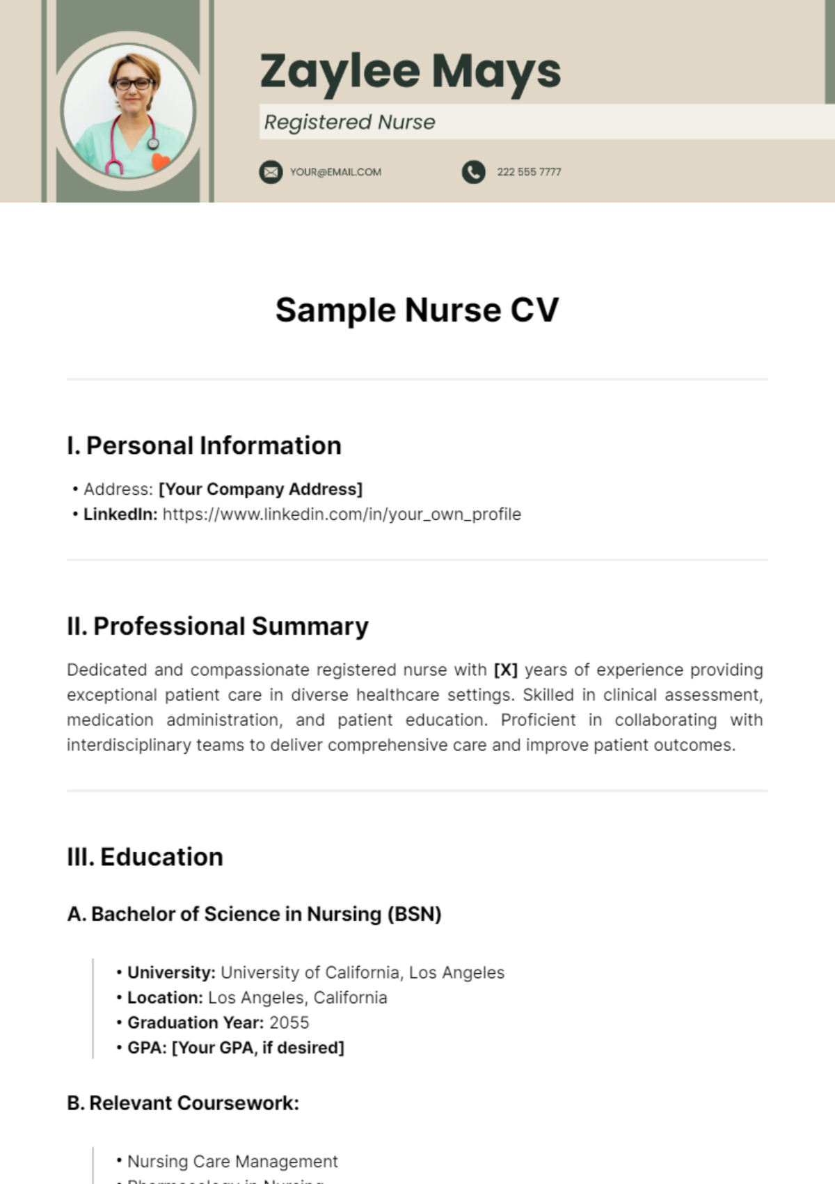 Free Sample Nurse CV Template to Edit Online