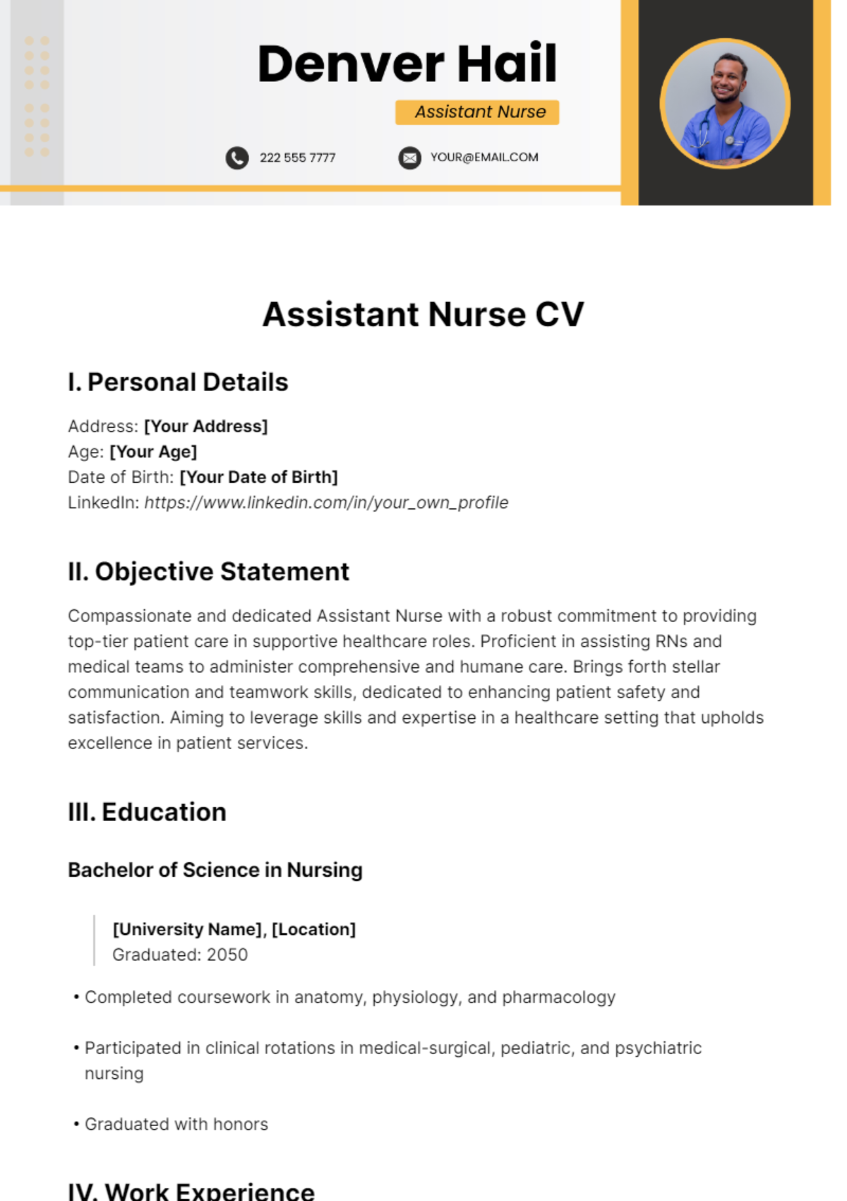 Free Assistant Nurse CV Template