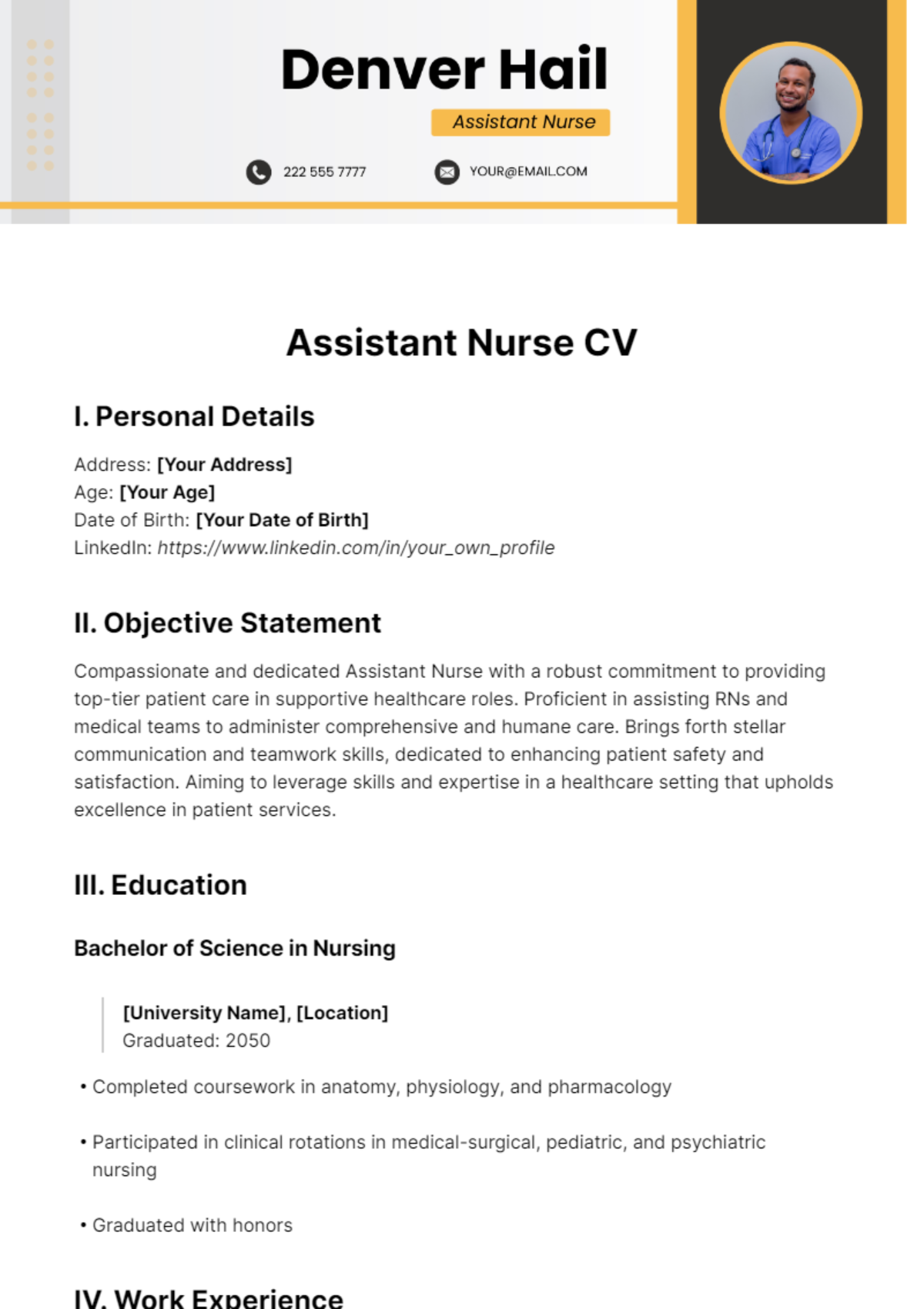 Assistant Nurse CV Template - Edit Online & Download