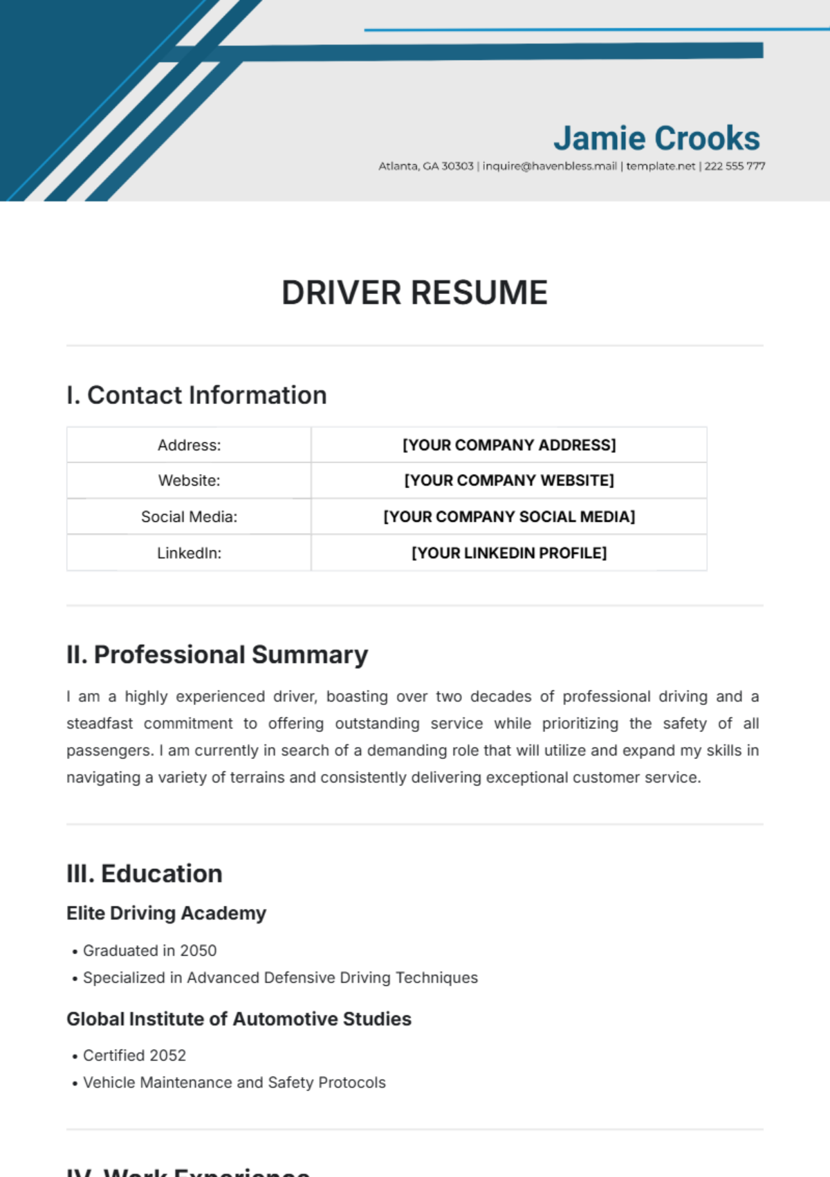 Driver Resume Template - Edit Online & Download