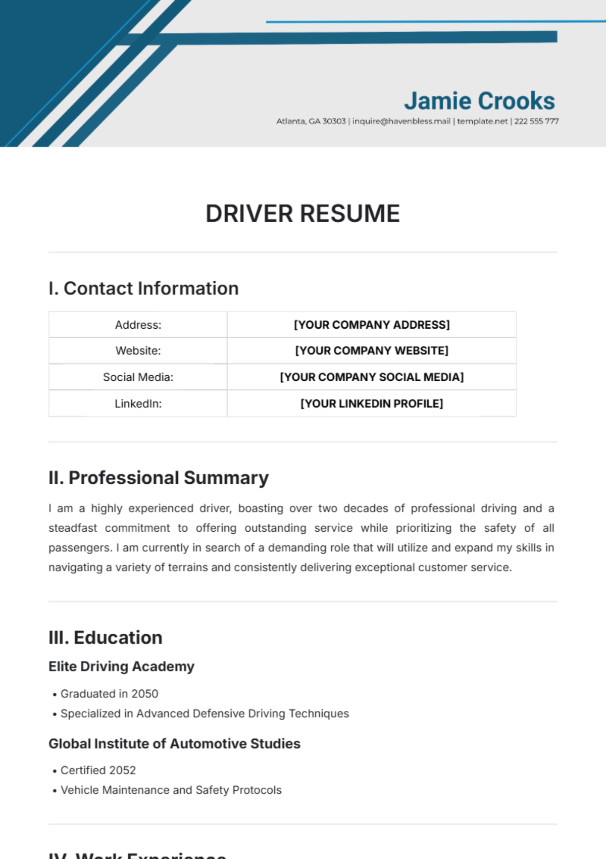 Free Driver Resume Templates to Edit Online and Download