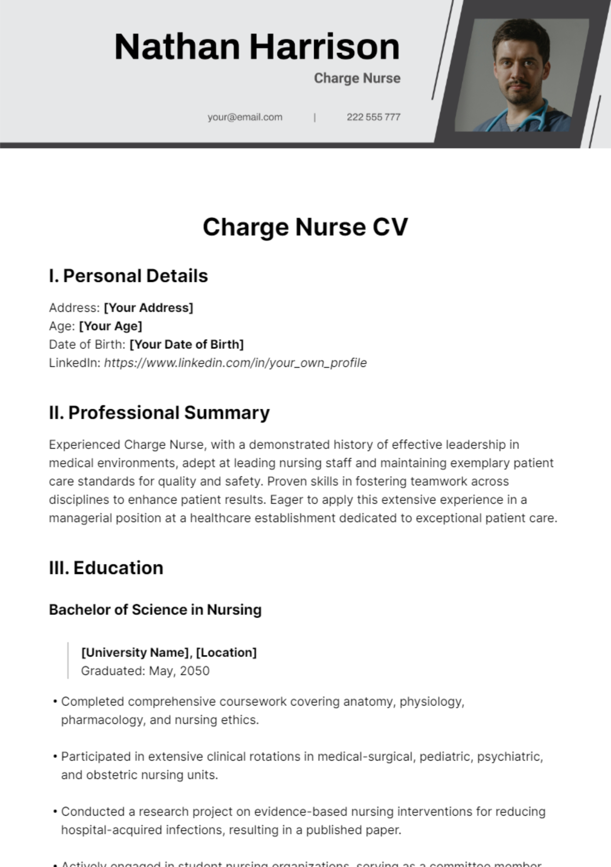 Free Charge Nurse CV Template