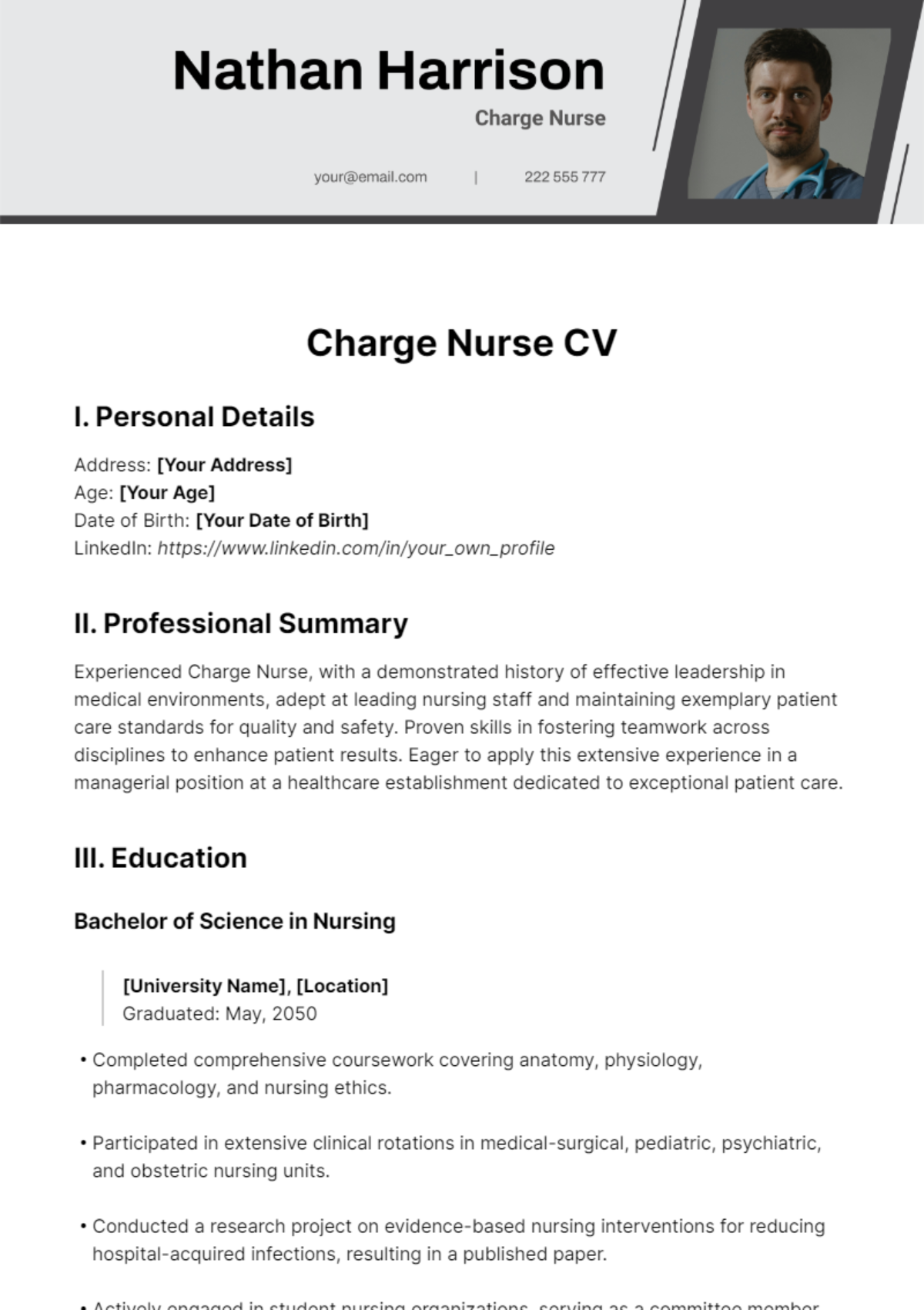 Charge Nurse CV Template - Edit Online & Download