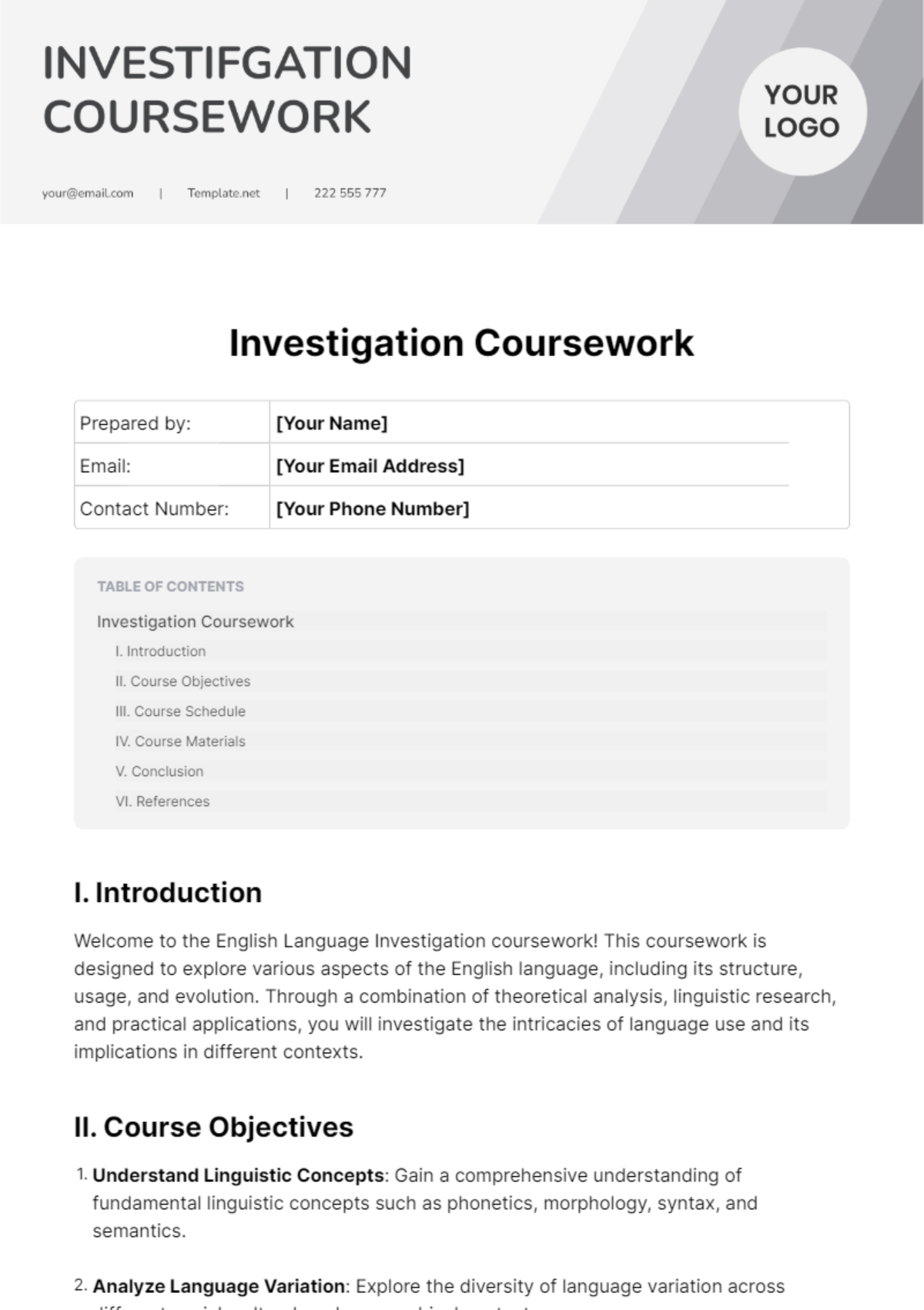 Investigation Coursework Template - Edit Online & Download