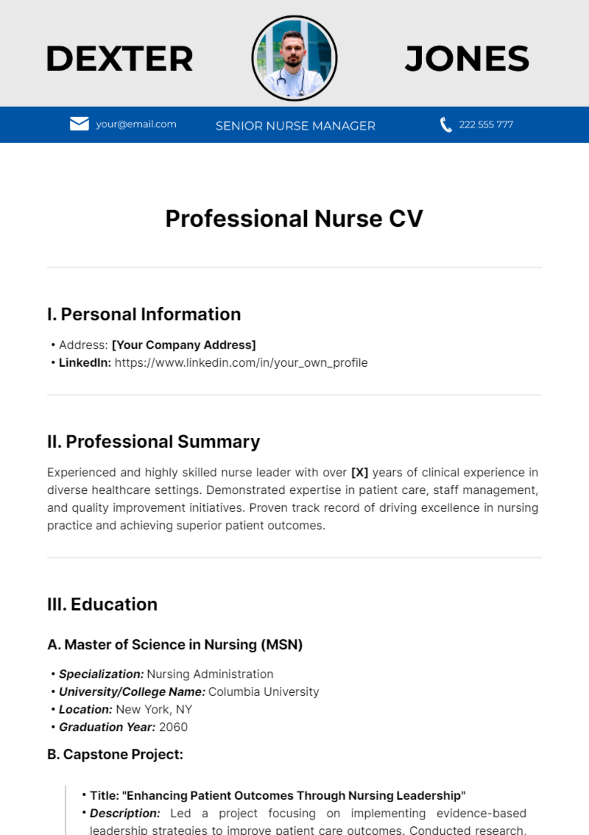 Free Professional Nurse CV Template