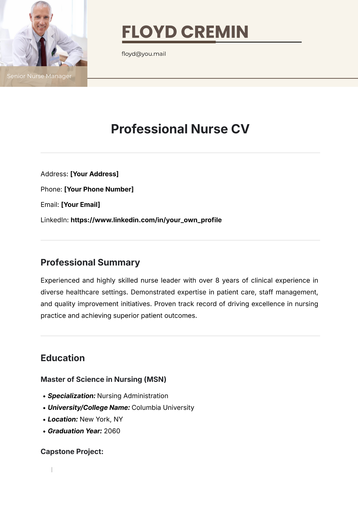 Professional Nurse CV Template - Edit Online & Download