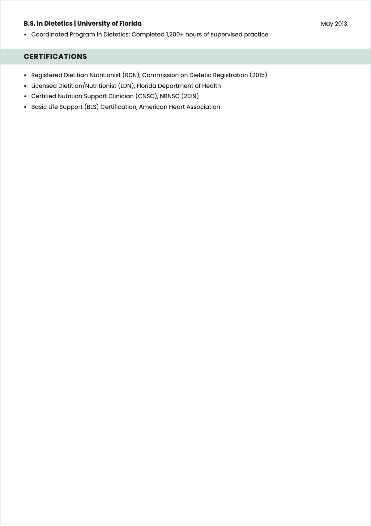 Free Dietitian ATS Resume Template, AI Resume Builder