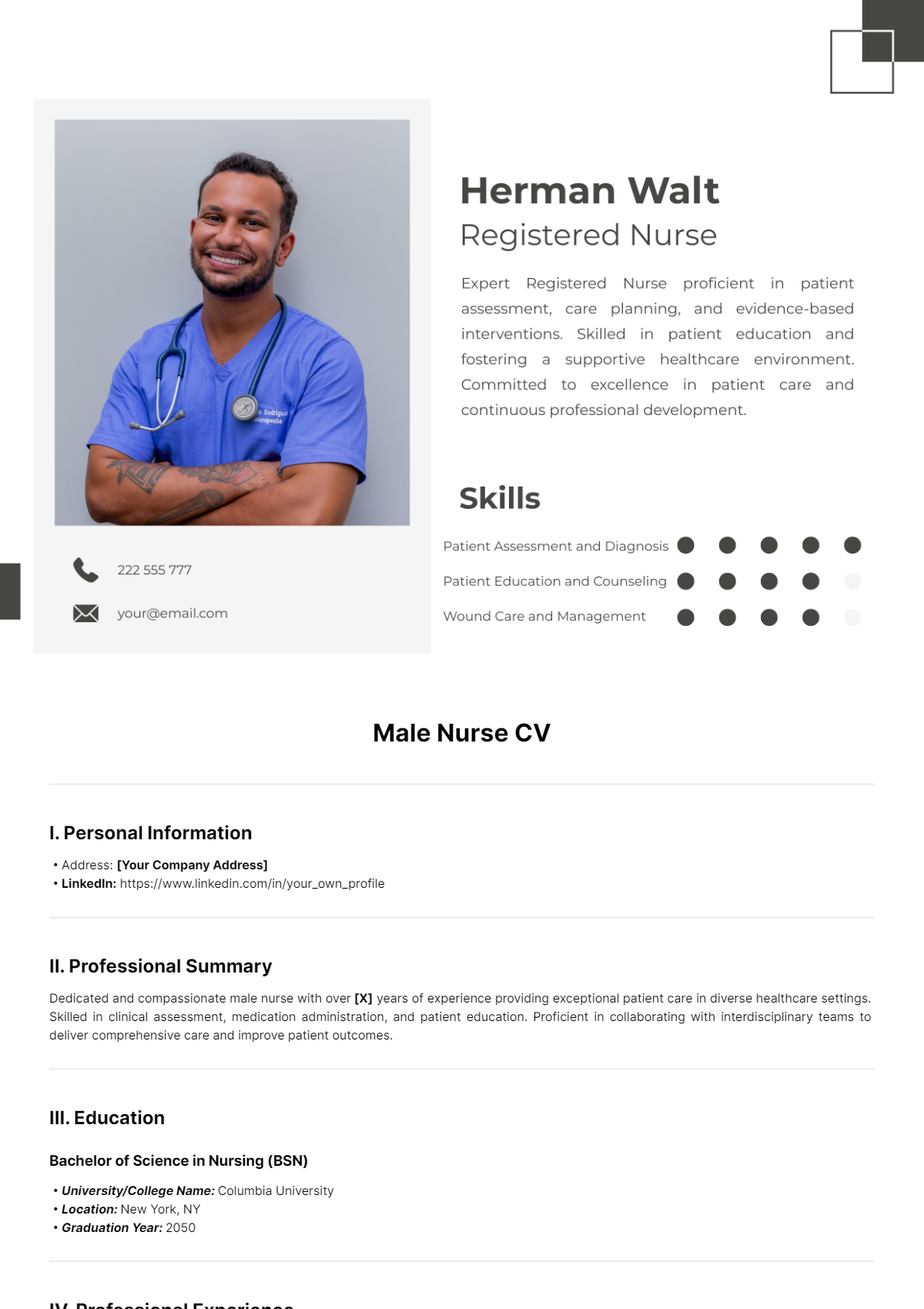 Free Male Nurse CV Template