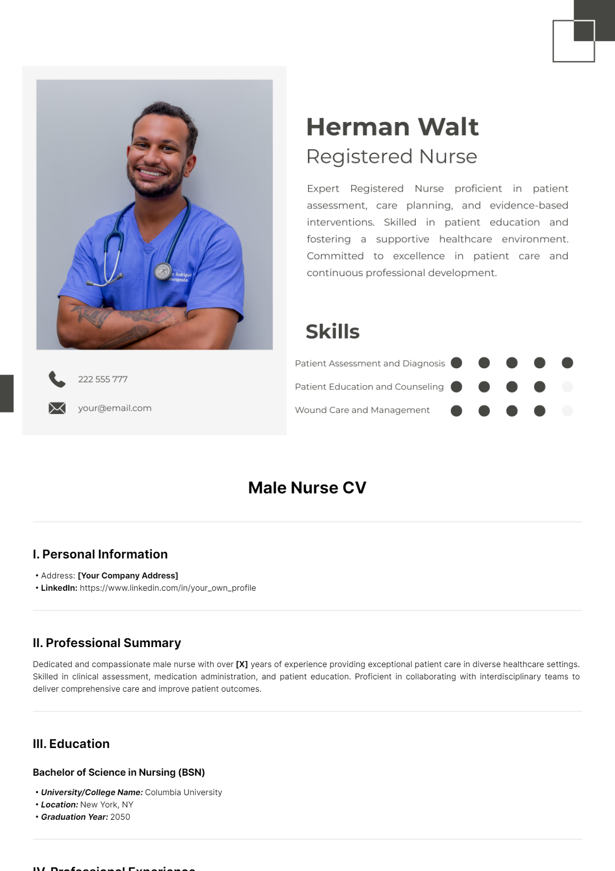 Male Nurse CV Template - Edit Online & Download