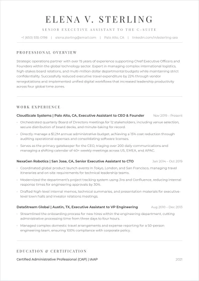 Free Executive Assistant ATS Resume Template, AI Resume Builder