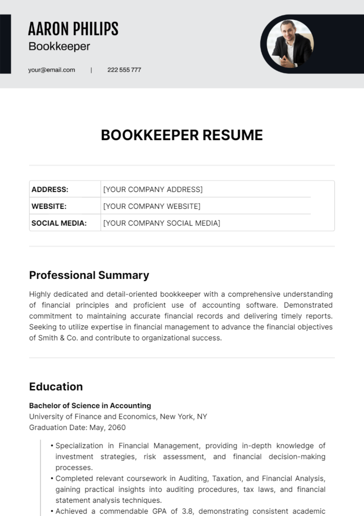 Bookkeeper Resume Template