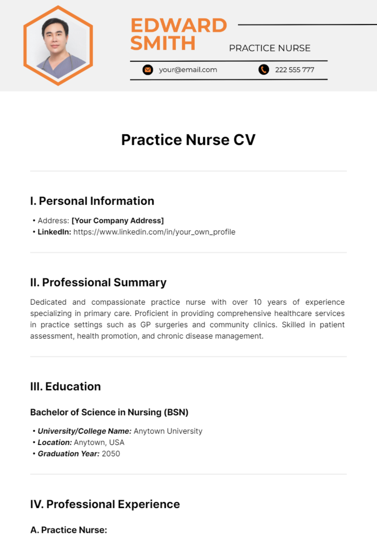 Free Practice Nurse CV Template