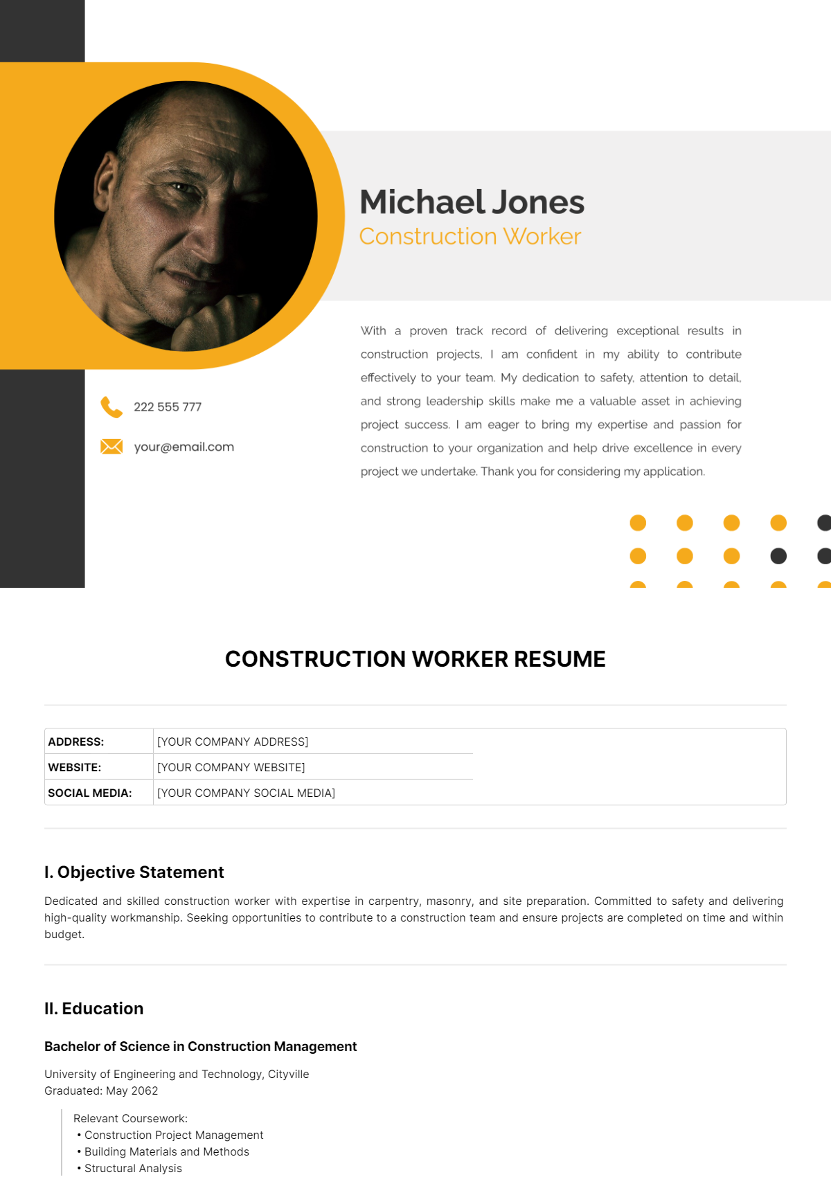 Construction Worker Resume Template