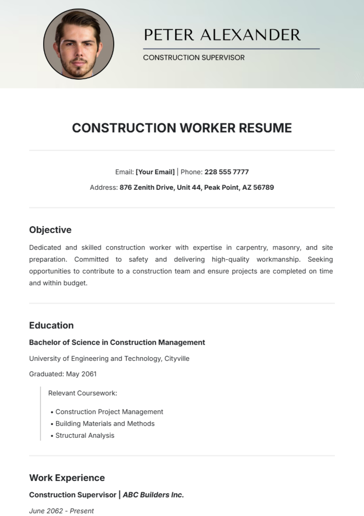 Construction Worker Resume Template - Edit Online & Download