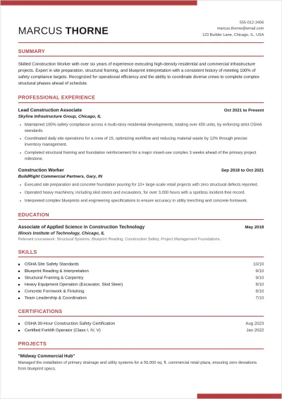 Free Construction Worker ATS Resume Template, AI Resume Builder