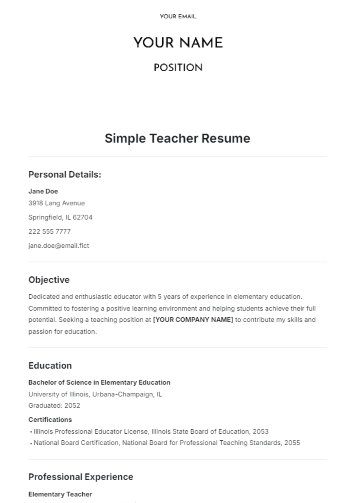 Simple Teacher Resume Template - Edit Online & Download Example ...