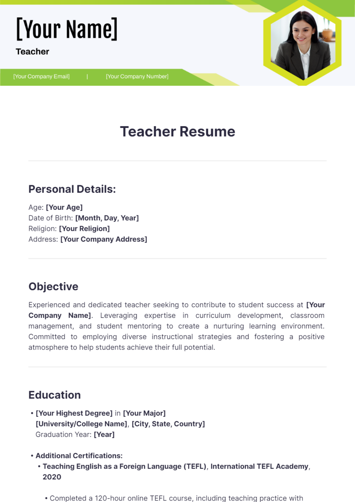 Teacher Resume Template - Edit Online & Download Example | Template.net