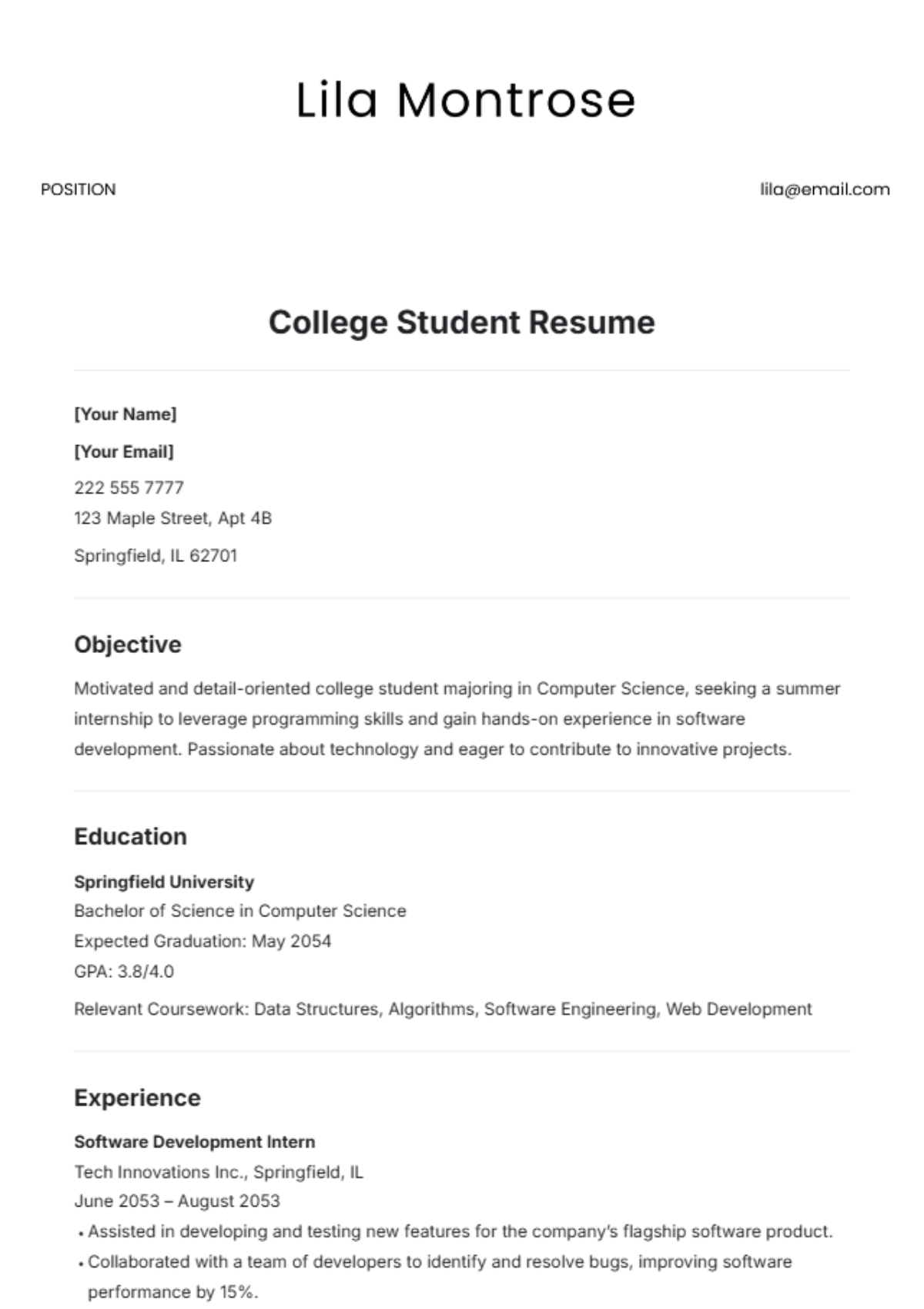 College Student Resume Template