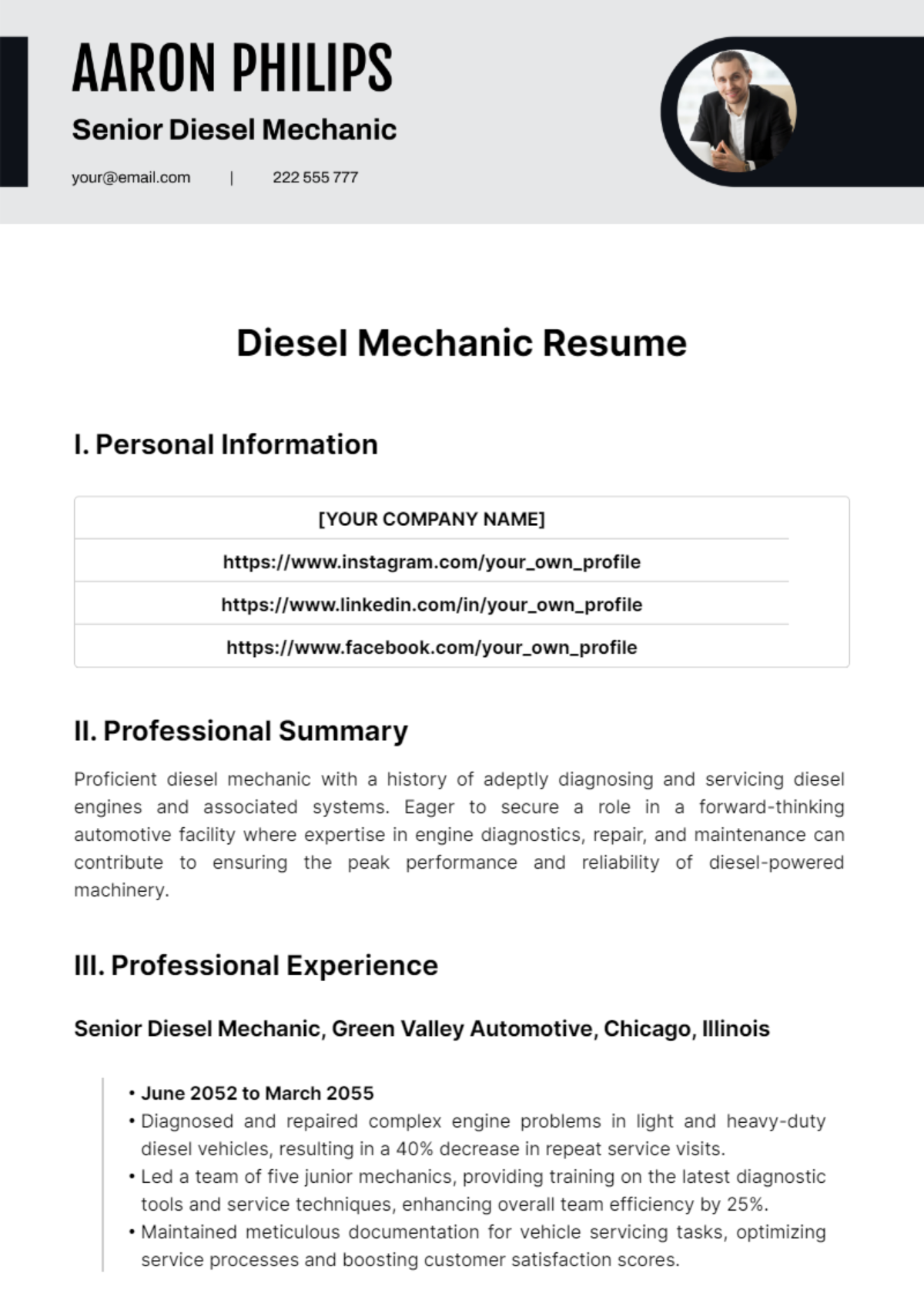 Diesel Mechanic Resume Template