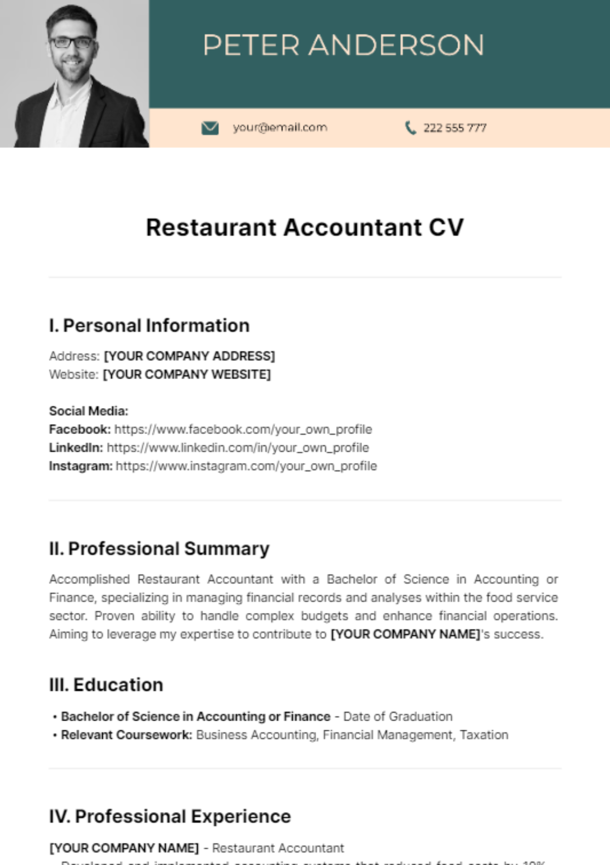 Restaurant Accountant CV Template