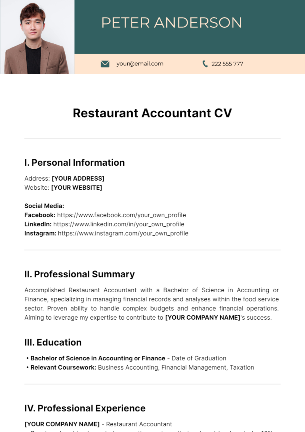 Restaurant Accountant CV Template - Edit Online & Download