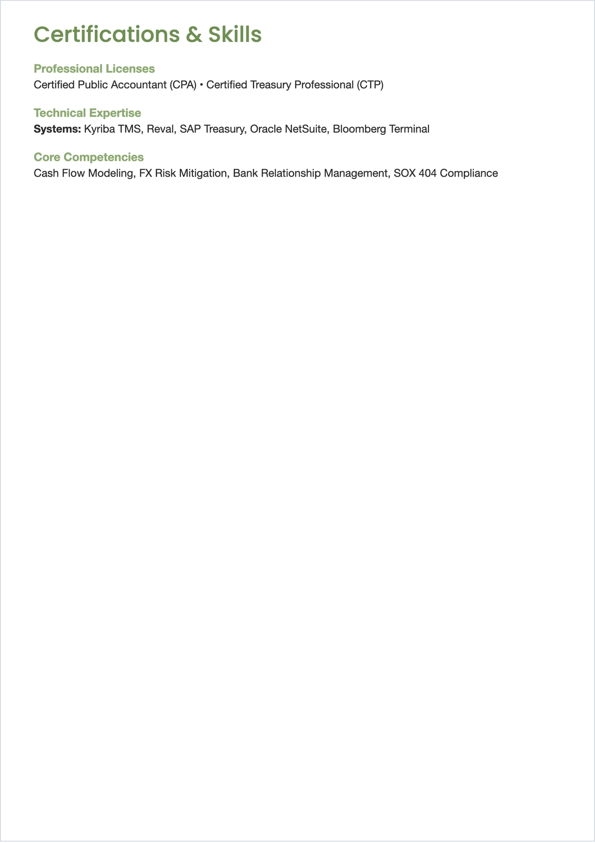 Free Treasury Accountant ATS CV Template, AI CV Builder